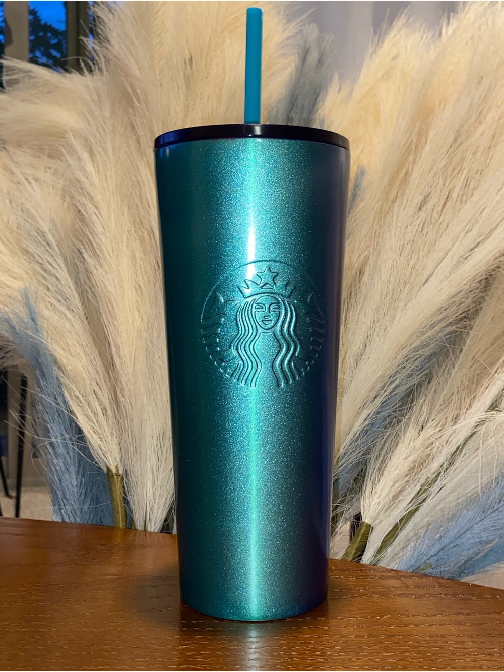 Collectible Metallic Starbucks Teal Shimmer Tall Tumbler with Teal Straw
